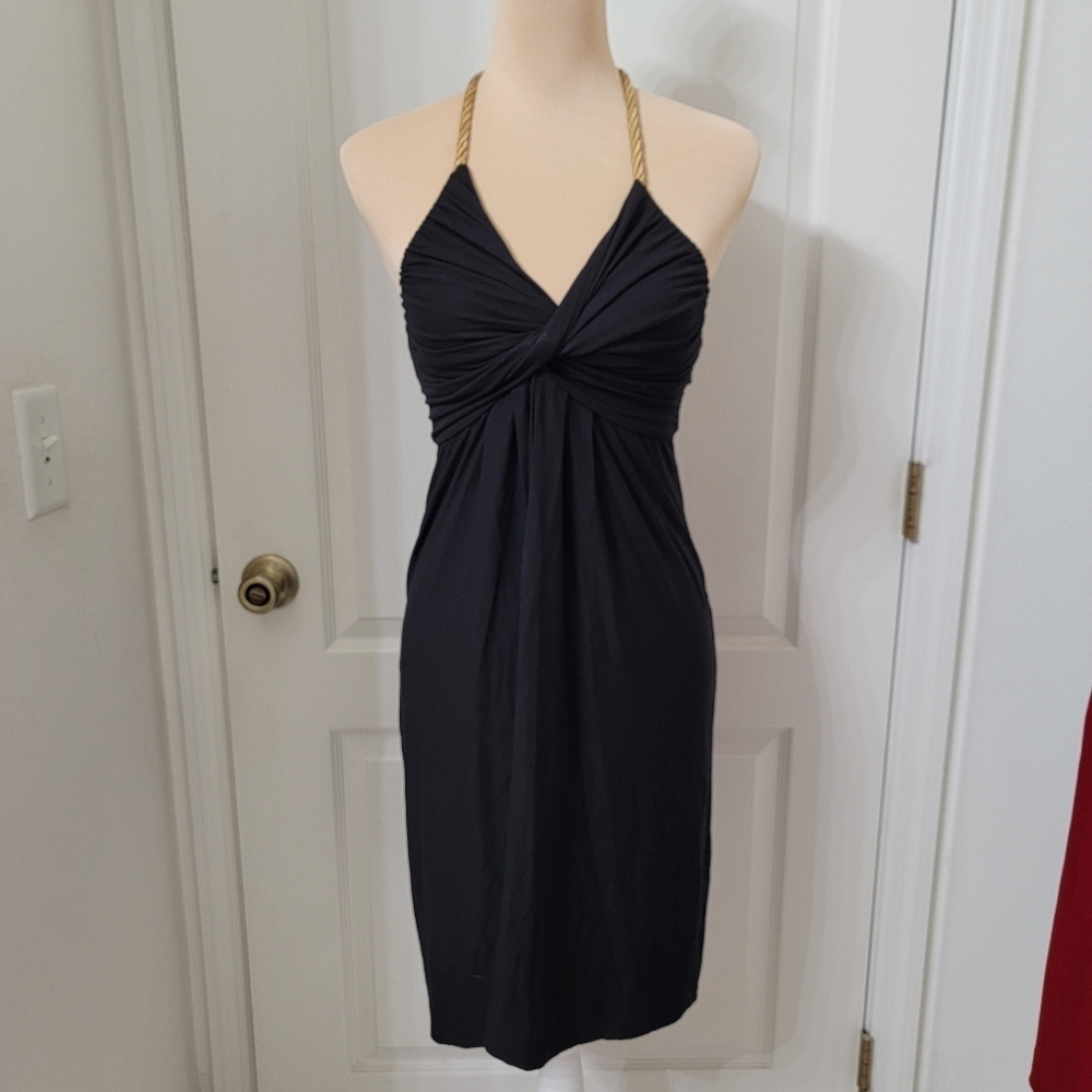 T-Bags Size XS Black with Gold Tie Neck Twist Front V-Neck Dress